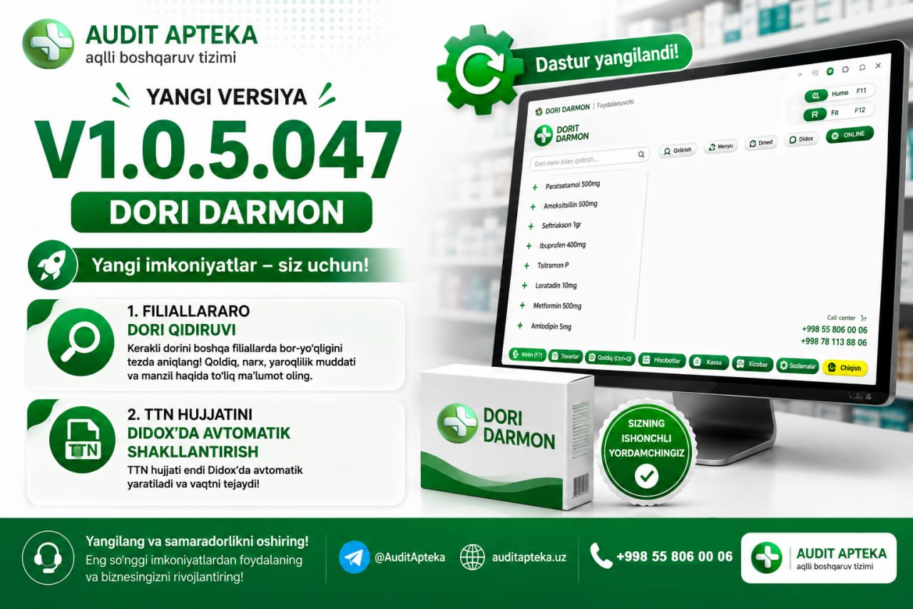 🚀 Dori Darmon dasturi V1.0.5.047 versiyasiga yangilandi!
